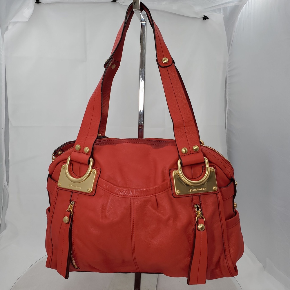 Vintage Y2K Worn B Makowsky Red Leather Shoulder Bag Gold Ring Satchel Zippers